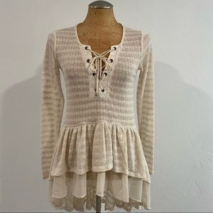 Maurice’s pointelle high low lace up duster top